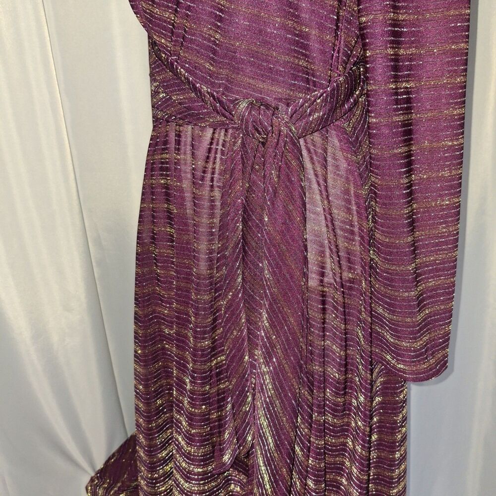 Vtg 70s Wine sash belt Polyester Draped neck metallic strips disco dress sz 9/10 - Picture 4 of 8